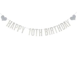 Happy 10th Birthday Banner, Pre-Strung,Silver Glitter Paper Garlands Banner for 10th Birthday Party Decorations Supplies, Letters Silver,Betteryanzi