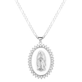 SAELACY Gold Guadalupe Virgin Mary Necklace for Women Men Teens, 14K Gold Plated Oval Zircon Inlay Oil Drip Virgin Mary Pendant with Stainless Steel Figaro Chain Necklace, middle, Copper, Cubic