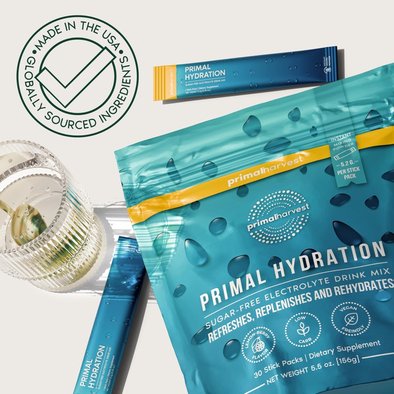 Primal Harvest Electrolytes Powder Packets Primal Hydration, Easy Open Packets,