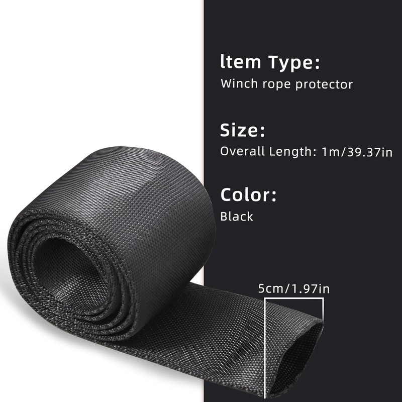 Flylin Winch Rope Protector, Universal Polyester Winch Rope Sleeve, Black,