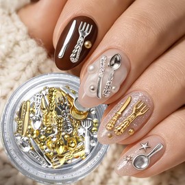 Kitchenware Nail Charms Bulk for Nails Art Decoration 3D Gold Silver Tableware Spoon Fork Nail Design Supplies for Manicure DlY Crafts Decor, 0.21OZ (Kitchenware Nail Charms)