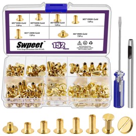 Swpeet 152Pcs M5x5mm, 6mm, 8mm, 10mm, 12mm Gold Screws Leather Rivets Assorted with Hole Punch and Screwdriver, Round Flat Head Stud Screw for DIY Leather Craft and Bookbinding