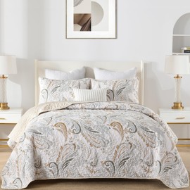 WONGS BEDDING Boho Quilt Set Queen,Beige Paisley Floral Pattern Bedspread Coverlet Set with 2 Pillowcases,Lightweight Microfiber Bohemian Quilt Bedding Set 96"×90"