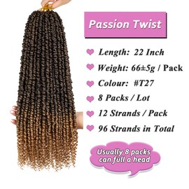 Samtress Passion Twist Crochet Hair Pre Cut Crochet Hair Passion Twist Hair 22 Inch Ombre Blonde Bohemian Synthetic Hair Extensions with Curly Ends for Women 8 Packs (#T27)