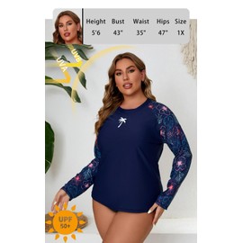 Halcurt Womens Plus Size Long Sleeve Rash Guard Swim Top with Built in Bra Loose Fit UPF50+ Sun Protection Swimsuit Navy Floral 1X