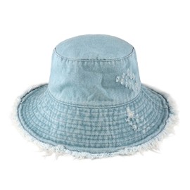 CHOK.LIDS Frayed Bucket Hats for Women Men Unisex Trendy Washed Cotton Floppy Wide Brim Boonie Outdoor Summer Beach Headwear (Undercool Denim)