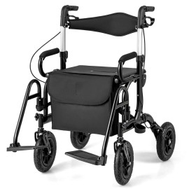 2-in-1 Rollator Walker for Seniors w/ Seat 9" Pneumatic Tires for All Terrain