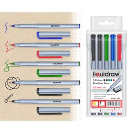 Liquidraw Fineliner Pens Set Of 5 Fine Point Pens 0.5mm Fineliners Black Blue Red Green Coloured Pens School, Office, Artists, Architects, Technical Drawing, Handwriting, Calligraphy & Sketching