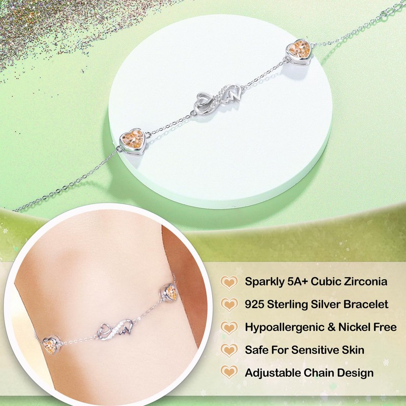 Infinity Heart November Birthstone Bracelet 925 Sterling Silver Adjustable ECG