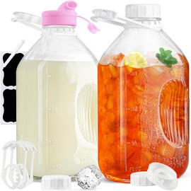 2 Pack 1/2 Gallon Glass Milk Bottles with Airtight Screw Lid & Handle & Spout - 2 Qt Heavy Duty Glass Water Bottles - Breastmilk Jug Pitcher with Scale Lines, Milk Container for Refrigerator Storage