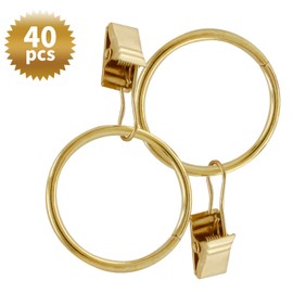 BokWin Pack of 40 Gold Metal Curtain Rings with Clips,1.26 Inch Interior Dimaeter Drapery Rings,Rustproof Curtain Clips for Window Curtain Rod