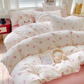 Covebett Kawaii Bed Linen 200 x 200 cm White with Pink Bows Pattern Duvet Cover Set Aesthetic Pink Bow Pattern Soft Renforcé Microfibre Duvet Cover with Zip and 2 Pillowcases 80 x 80 cm