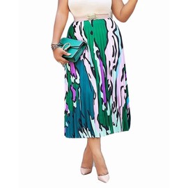 ThusFar Women's Graffiti Pleated Skirts Cartoon Printed Elastic Waist A-Line Swing Midi Skirt, Green, Medium