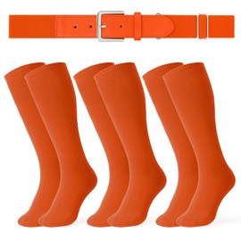 LEACOOLKEY - Juego de 3 pares de calcetines de sóftbol y 1 paquete de cinturón elástico para jóvenes y adultos, F-anaranjado, Juventud
