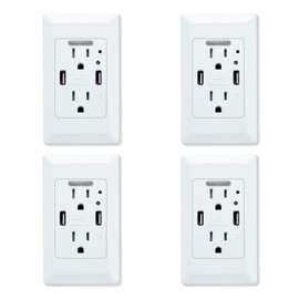 Nineleaf Wall Mount Charger Power Socket USB Wall Charger with 2 AC Outlet & 2 USB Charging Ports 4.2A Dusk to Dawn LED Sensor Night Light Fast Charging 4 Packs