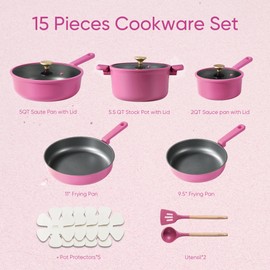 CAROTE Non Stick Pots and Pans Set, Cookware Sets Nonstick, Kitchen Cooking Set with Stay-Cool Handles,with Silicone Tools and Pot Protectors,15 Piece