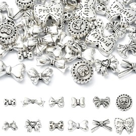 UR URLIFEHALL 60 Pcs 12 Styles Tibetan Bow Beads Antique Silver Bowkont Spacer Beads for Bracelet Earring DIY Jewellery Crafts Keychain