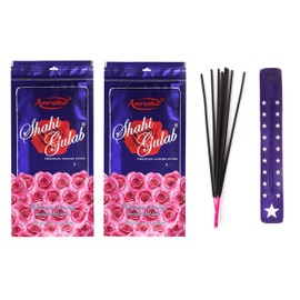 Shahi Gulab Rose Incense Sticks, 140+ Sticks Total 240g (Pack of 2, 120g Each) Natural Rose Fragrance, 45-50 Minutes Burn, Includes 1 Wooden Incense Holder by Hashcart