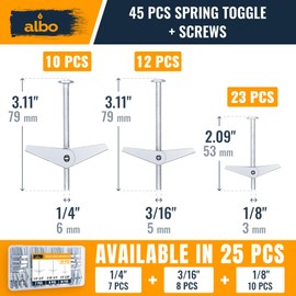 ALBO 45-Piece Heavy Duty Hollow Wall Anchors Kit for Drywall Ceilings with Screw Spring/Includes Toggle Bolts and Wing Nut Assortment in 3 Sizes (1/8in, 3/16in, 1/4in)