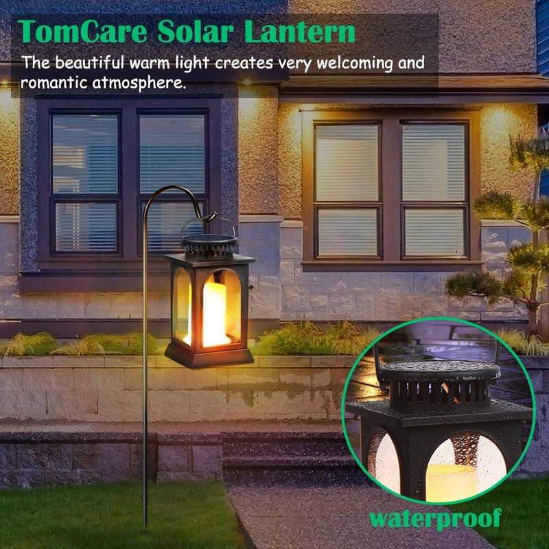 TomCare Solar Lights Flickering Flame Metal Solar Lantern Outdoor Hanging