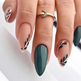 XIXKOLYU® Fall Press On Nails Long Acrylic Nails Almond Fake Nails Green Nails Full Cover Nails for Women