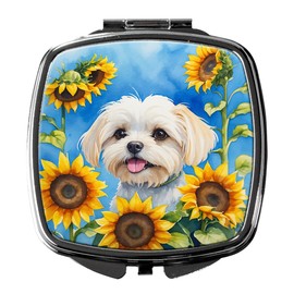 Caroline's Treasures Maltese in Sunflowers Compact Mirror Decorative Travel Makeup Mirror for Women Girls Gifts Pocket Makeup Mirror Folding Handheld