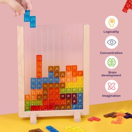 Wooden Blocks Puzzle Brain Teasers Toy, Intelligent Colorful 3D Plastic Blocks Game with Vertical Wood Frame Game Board, Tangram Educational Montessori Toys Gift for Kids Age 4-8 Years Old