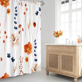 Gibelle Watercolor Floral Shower Curtain, Retro Orange Navy Flower Shower Curtain for Bathroom, Modern Minimalist Aesthetic Waterproof Fabric Shower Curtain Set with Hooks 72x72 Inch