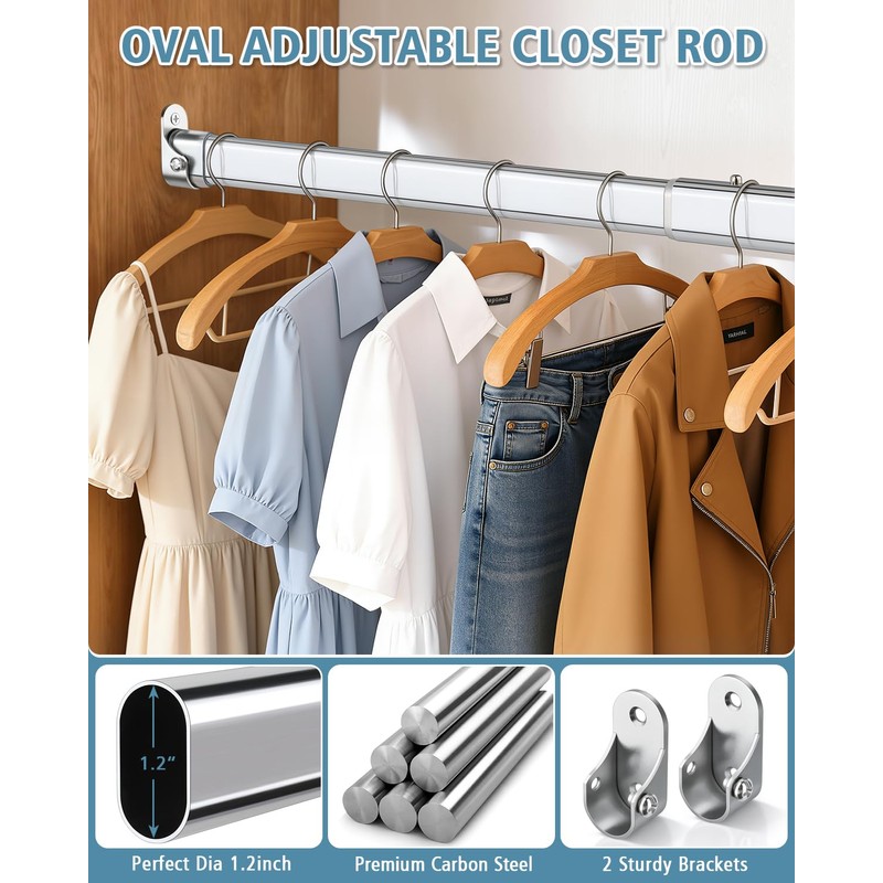 Heavy Duty Oval Closet Rod for Hanging Clothes, 29.5-51 Inch