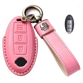 LETINGFAR Key Case for Nissan, Smart Key Case, Key Cover, Genuine Leather, Designed for Nissan 3 Buttons, Keychain, Cube, Elgrand, Skyline, Deana, X-Trail, etc, Pink