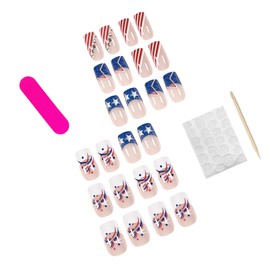 LBPEPAMZ 24Pcs Independent Day Fake Nails Short Square Press on Nails with White Rhinestones Design 4th of July Acrylic False Nails Colorful Firework Blue Bling French Tip Glue on Nails for Women