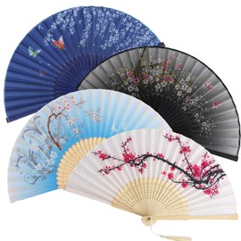 HotoPink 4 PCS Folding Fans with Tassel, Silk-like Fabric and Hollow Carved Bamboo Handheld Folding Fan, Chinese Style Handheld Fan Folding for Birthday Dancing Cosplay Wedding Party Props Decoration