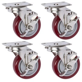 ICON Caster Wheels 4" x 1.25" PLY Stainless Steel, 4 Swivel w/Top Lock Brake Casters, Top Plate 2.38” x 3.63", Maroon, Non-Marking Polyurethane Wheel, Load Capacity 1120 lbs. per Set (4-Pack)