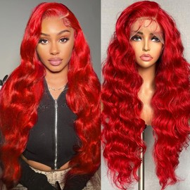 Red Lace Front Wig - Human Hair, Pre-Plucked, 13x4 HD, Body Wave, 180% Density, Glueless, 22 Inch