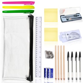 22 PCS Back to School Stationery Set, School Stationary Sets, Assorted Stationery Pack with 4 Graphite Pencils, 4 Pens, 3 Highlighter, 2 Eraser & Sharpener, Compass, Pencil Case, 2 Post-it Notes