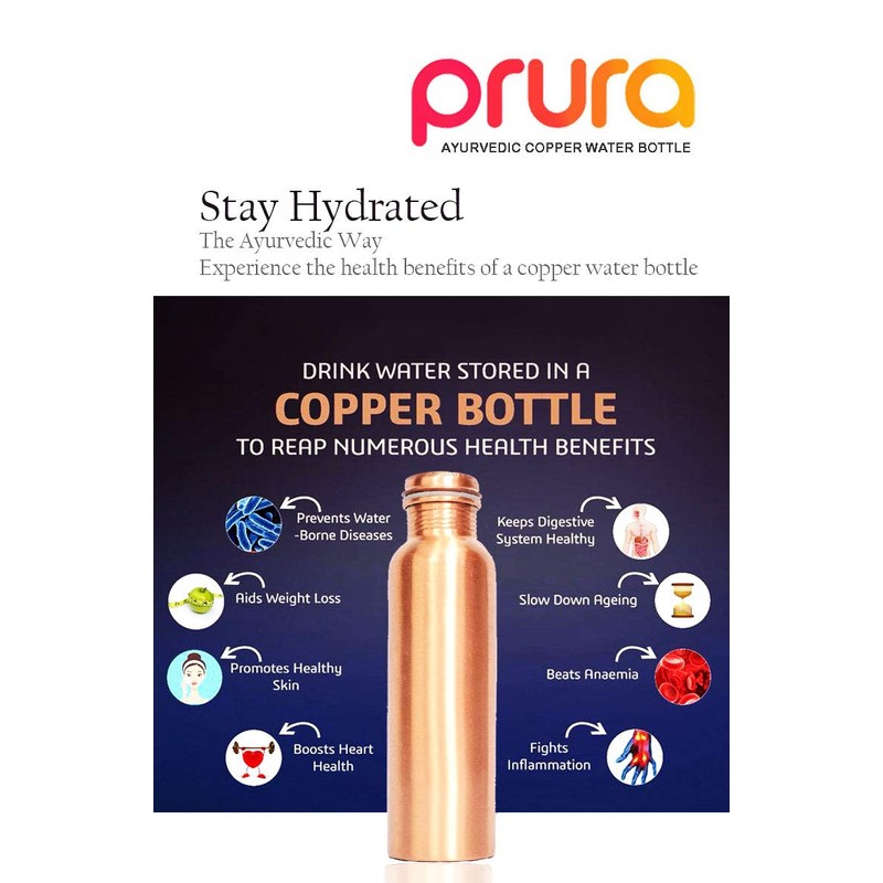 PRURA Ayurvedic Pure Copper Leak Proof Drinking Bottle 900ml Design
