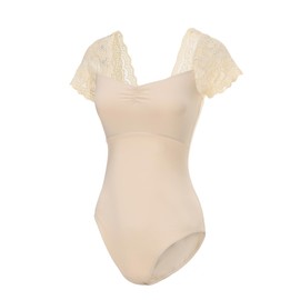 Lanbodance Women's Short Sleeve Leotards for Ballet Dance Adult Ballerina Dance Costume, Beige/Lace, Medium