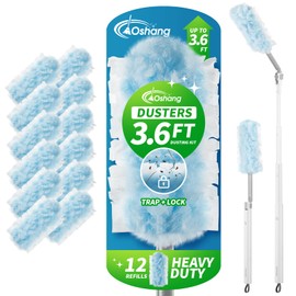 oshang 12 Pack Disposable Heavy Duty Duster Refills - 43" Extendable Handle, Compatible with Swiffer - Dusters for Cleaning Ceiling Fans, Blinds, Furniture & High Corners