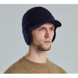 YAMEE Men's Winter Hat Knitted Cap Winter Cap Women's Knitted Hat Beanie with Peaked Cap Peaked Cap with Ear Flaps Men's Ear Protection, 9125/Dark Blue