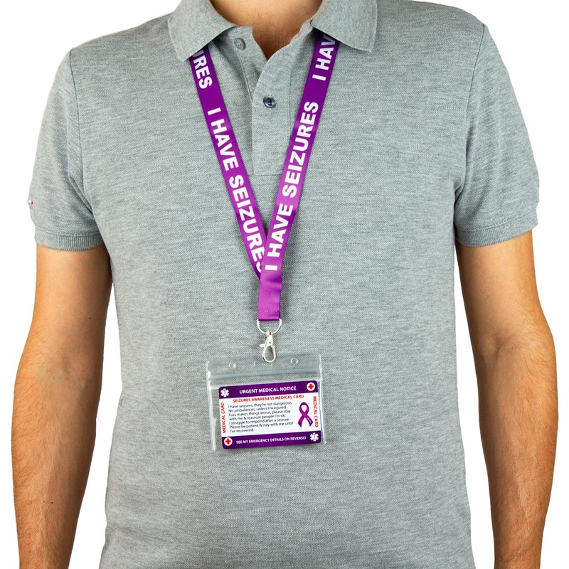 Seizures Medical Card With Writable Panel and Patterned Lanyard