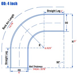 4 Inch 90 Degree Elbow Stainless Mandrel Bend Elbow - 2" Leg- 14GA/. 078" Wall - Thickned 2mm SS304 Stainless Steel Exhaust Piping Tip for Automotive Exhaust (OD: 4 ")