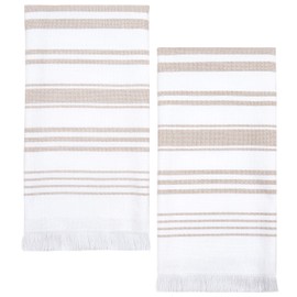 Hand Towels for Bathroom Set of 2, 100% Cotton, 28x16 in, Turkish White Soft and Absorbent Decorative Bath Hand Towels, Modern Tan Striped Towels