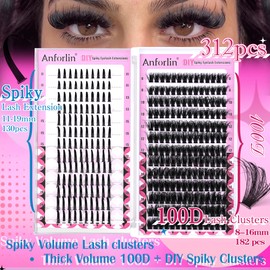 Spiky Volume Lash Extension 312pcs 100D Lash Clusters with Lash Spikes 8-19mm Mega Thick Eyelash Extensions Wispy Lash Clusters DIY Spiky Lash Extension D Curl Individual Lashes Clusters by Anforlin