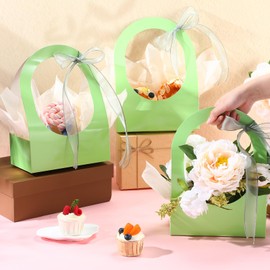 Sweetude 12 Pack Paper Gift Baskets with Handle Tissues Ribbons, 8.7 x 4.7 x 12.2 inch Empty Treat Boxes Goodie Bags for Birthday Wedding Bride Shower Party Favors, Assorted Colors(Green)