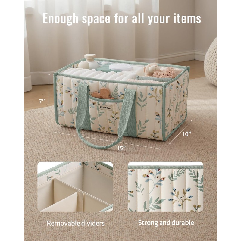 Blissful Diary Leaf Diaper Caddy Organizer, Stylish Nursery Storage Basket,