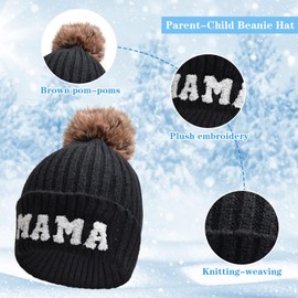 Kunyeah 3 Pieces Parent-Child Beanie Hat Mum Dad Baby Matching Hats Winter Warm Hat with Bobble Women Men Knitted Hat, black