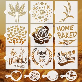 Ktxaby 13 Pcs Wheat Themed Cookie Stencils Reusable Artisan Bread Stencils 14 x14 cm Happy Birthday Stencils Coffee Stencils for DIY Craft Paint Latte Art Baking Canvas Decoration