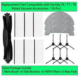Replacement Spare Parts for Vactidy T7 / T8 Robot Vacuum 1 Main Brush 6 Side Brush 6 HEPA Filter 3 Mop Pad Accessories (16 Pack)