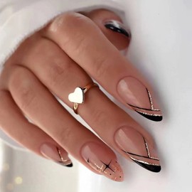 24pcs French Tip False Nails Short Oval Stick on Nails Black Edge Glitter Press on Nails Removable Glue-on Nails Full Cover Acrylic Fake Nails Women Girls Nail Art Accessories