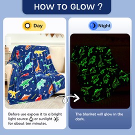 SOCHOW Glow in The Dark Dinosaur Blanket for Boys Girls, Toys for 3-10 Year Old Child Teen Birthday Gifts, Soft Cozy Flannel Throw Blanket for Kids, Blue 50 x 60 Inches